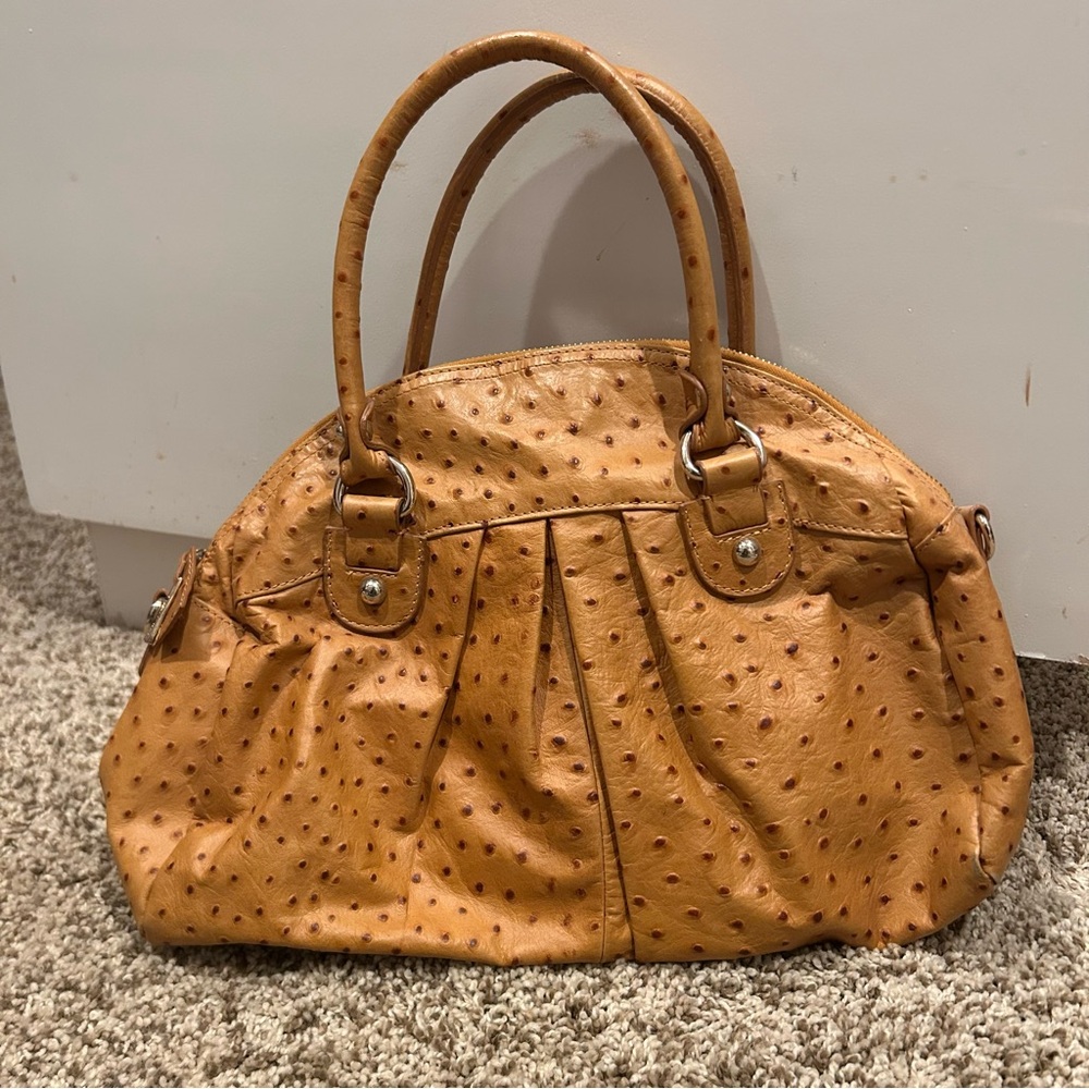 Guess by Marciano Genuine Leather Satchel | Ostrich Embossed | Brown Tote